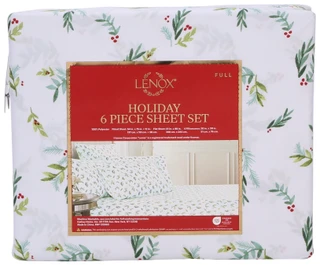 Thumbnail 2: Lenox Full 6 Pc Christmas Holly Sheet Set 