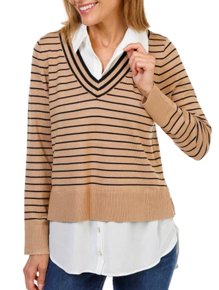 Thumbnail 1: RIO & RIAN Women's Collared V-Neck Twofer Sweater Top 