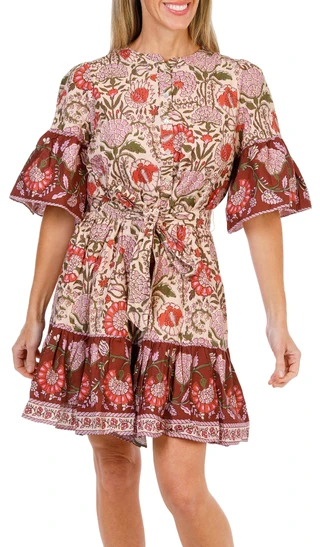 Thumbnail 1: FARMERS MARKET Women's Short Sleeve Button Up Floral Dress w/ Belt  