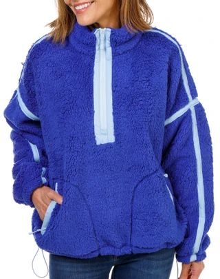 Thumbnail 1: HARMONY & BALANCE Women's Teddy Mock Neck Jacket w/ Contrast Woven Trim 