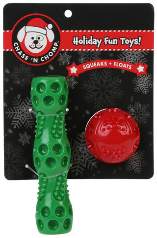 Thumbnail 1: Chase 'N Chomp 2 Pc Christmas Dog Chew & Squeaky Ball Toy Set 