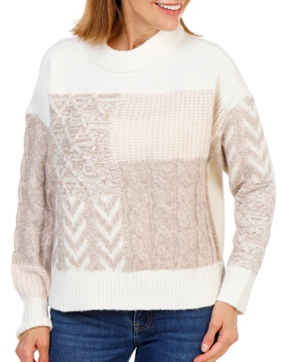 Thumbnail 1: GREIGE Women's Cozy Patchwork Cable Knit Sweater 