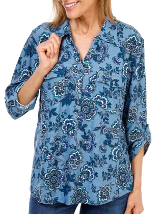 Thumbnail 1: Emily Daniels Women's 3/4 Sleeve Printed Double Pocket Henley Top 