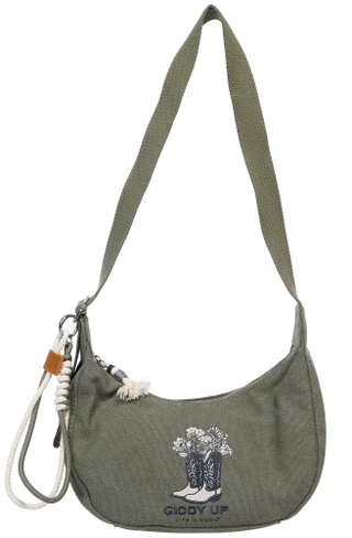 Thumbnail 1: Life is Good Boots & Flowers Small Canvas Shoulder Bag with Keychain 