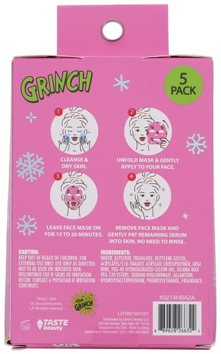 Thumbnail 2: THE GRINCH 5 Pk Hyaluronic Acid Printed Sugar Cookie Scented Face Mask  
