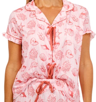 Thumbnail 2: SECONDARY Women's Seashells Frilly Front Tie Sleep Set 