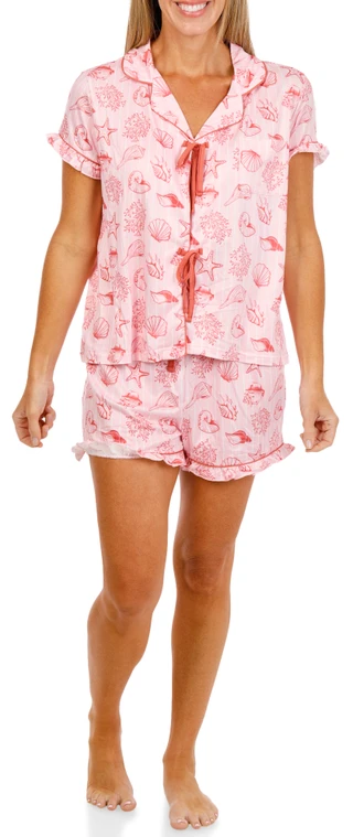 Thumbnail 4: SECONDARY Women's Seashells Frilly Front Tie Sleep Set 