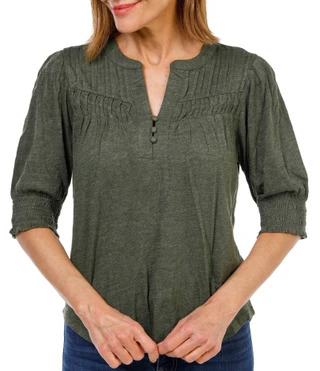 Thumbnail 1: Democracy Women's Petite 3/4 Sleeve Pintuck Split Neck Top 