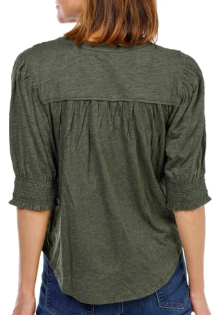 Thumbnail 3: Democracy Women's Petite 3/4 Sleeve Pintuck Split Neck Top 