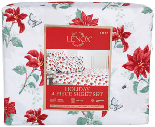 Thumbnail 1: Lenox 4 Pc Holiday Poinsettia Butterfly Twin Sheet Set  