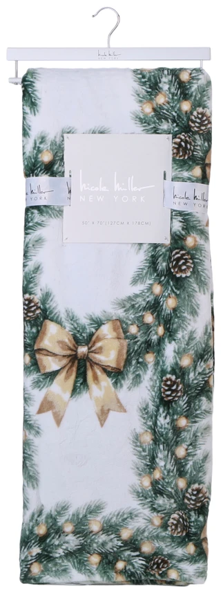 Thumbnail 1: Nicole Miller 50x70 Christmas Wreath and Bow Plush Blanket  