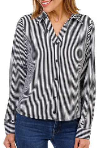 Thumbnail 1: Adrianna Papell Women's Long Sleeve Striped Button-Front Top 