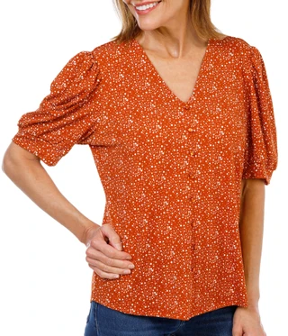 Thumbnail 1: Adrianna Papell Women's Short Sleeve Print Button Front Top 