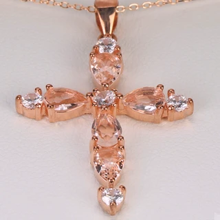 Thumbnail 2: Lumineux Designs Women's Rose Tone Morganite Cross Necklace 