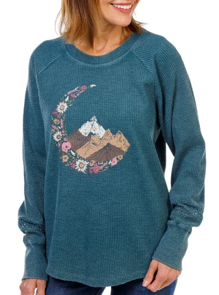 Thumbnail 1: C&C California Women's Long Sleeve Waffle Knit Lace Trim Moon Mountain Top 
