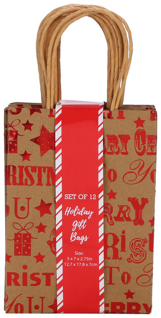 Thumbnail 1: ALEF 12 Pk Merry Christmas Red Foil Paper Gift Bags  