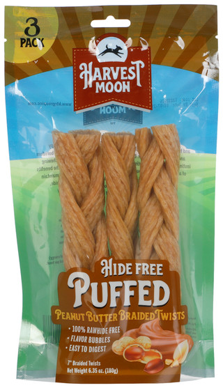 Thumbnail 1: Harvest Moon 3 Pk Hide Free Puffed Peanut Butter Braided Twist Dog Treats 