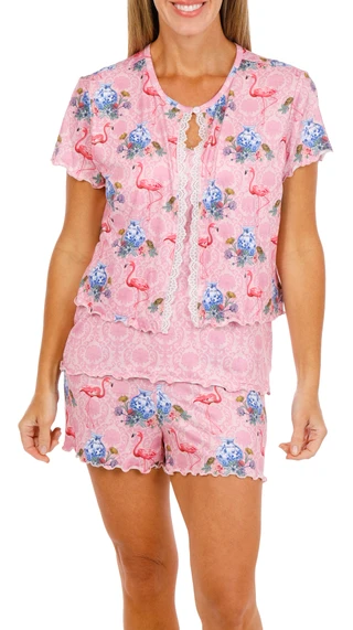 Thumbnail 1: SECONDARY Women's 3 Pk Damask Flamingo Cardigan Sleep Set 