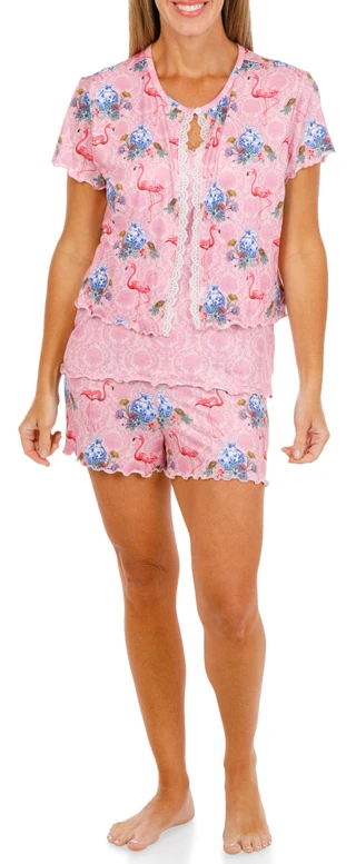 Thumbnail 6: SECONDARY Women's 3 Pk Damask Flamingo Cardigan Sleep Set 