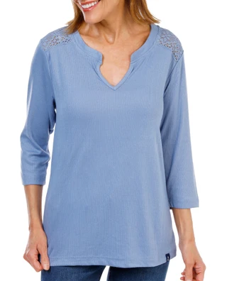 Thumbnail 1: Lands' End Women's 3/4 Sleeve Split Neck Crochet Trim Top 