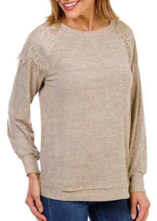 Thumbnail 1: Anneliese Women's Long Sleeve Hacci Lace Shoulder Top 