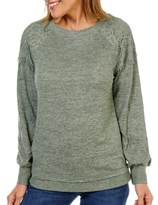 Thumbnail 1: Anneliese Women's Long Sleeve Hacci Lace Shoulder Top 