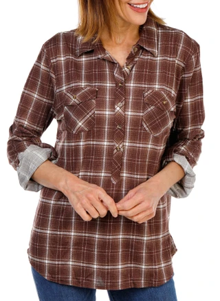 Thumbnail 1: Anneliese Women's 2 Pocket Button Up Roll Tab Soft Flannel Shirt 