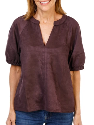 Thumbnail 1: BB Dakota Women's Puff Sleeve Suede V-Neck Top  