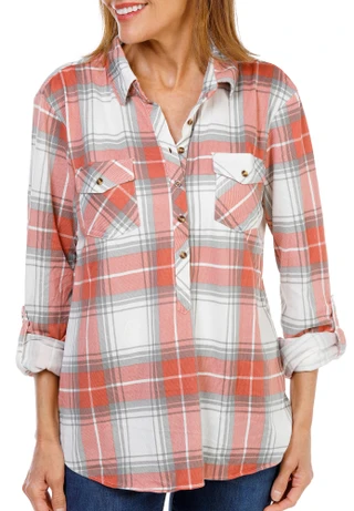 Thumbnail 1: Anneliese Women's 2 Pocket Button Up Roll Tab Soft Flannel Shirt 