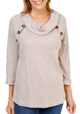Thumbnail 1: Late August Women's 3/4 Sleeve Button Detail Cowl Neck Sweater 