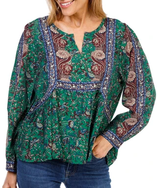 Thumbnail 1: Hester & Orchard Women's Long Sleeve Boho Floral Split Neck Top 