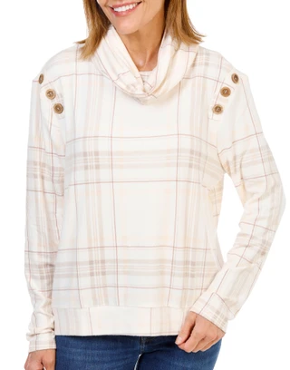 Thumbnail 1: Truself Women's Plaid Cowl Neck Pullover Sweater 