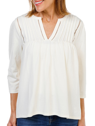 Thumbnail 1: Lands End Women's 3/4 Sleeve Solid V-Neck Pintuck Top  
