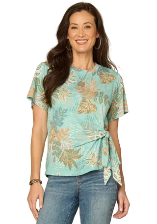 Thumbnail 1: Democracy Petite Short Sleeve Scoop Neck Side Tie Top 