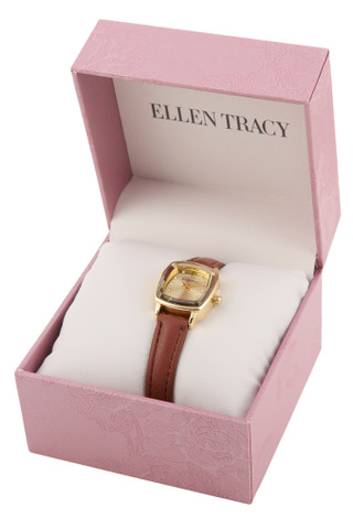 Thumbnail 1: Ellen Tracy Square Dial Gold-Tone Leather Strap Watch  