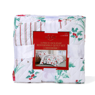 Thumbnail 1: Lenox 3 Pc Christmas Poinsettia King Reversible Quilt Set  