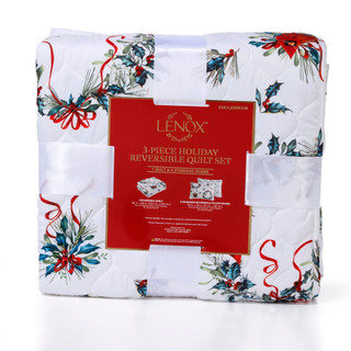 Thumbnail 3: Lenox 3 Pc Christmas Poinsettia Queen Reversible Quilt Set  