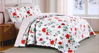 Thumbnail 1: Lenox 3 Pc Christmas Poinsettia Full/Queen Reversible Quilt Set  
