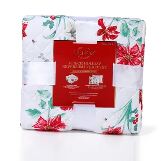 Thumbnail 2: Lenox 3 Pc Christmas Poinsettia Full/Queen Reversible Quilt Set  