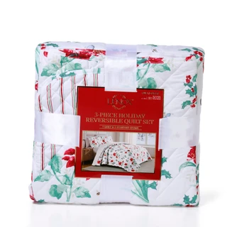 Thumbnail 3: Lenox 3 Pc Christmas Poinsettia Full/Queen Reversible Quilt Set  