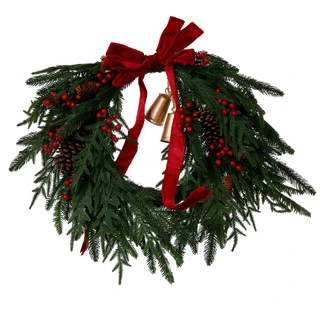 Thumbnail 1: 26 in Christmas Pinecone & Berries Wreath with Bow & Bells 