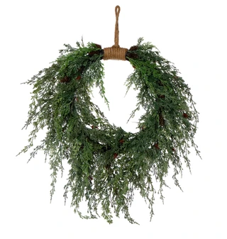 Thumbnail 1: 28 in Christmas Cedar Wreath with Pinecones & Rope Hanger 