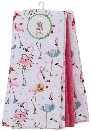 Thumbnail 1: Rockhill Home 3 Pk Merry Flamingos Christmas Kitchen Towels 