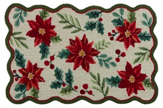Thumbnail 1: Bells & Mistletoe 20x32 Christmas Holly Berry Scalloped Edge Decorative Rug  