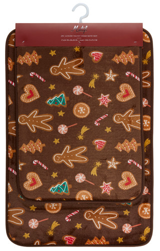 Thumbnail 1: Motif  2 Pc Luxury Velvet Foam Christmas Gingerbread Bath Mat Set 
