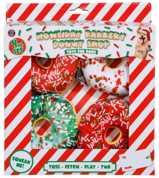 Thumbnail 1: Bow Wow Pet 4 Pk Christmas Holiday Barkery Donut Dog Toys 