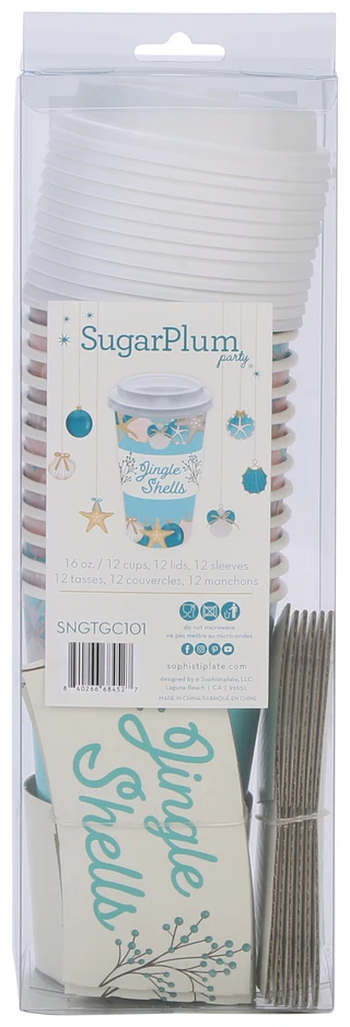 Thumbnail 2: Sugar Plum Party 12 Pk 16 oz Jingle Shells Christmas Paper Cups w/ Lids  