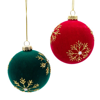Thumbnail 2: Kurt Adler 6 Pc. Flocked Red & Green Gold Snowflakes Ball Ornaments Set 