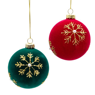 Thumbnail 4: Kurt Adler 6 Pc. Flocked Red & Green Gold Snowflakes Ball Ornaments Set 
