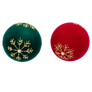 Thumbnail 5: Kurt Adler 6 Pc. Flocked Red & Green Gold Snowflakes Ball Ornaments Set 